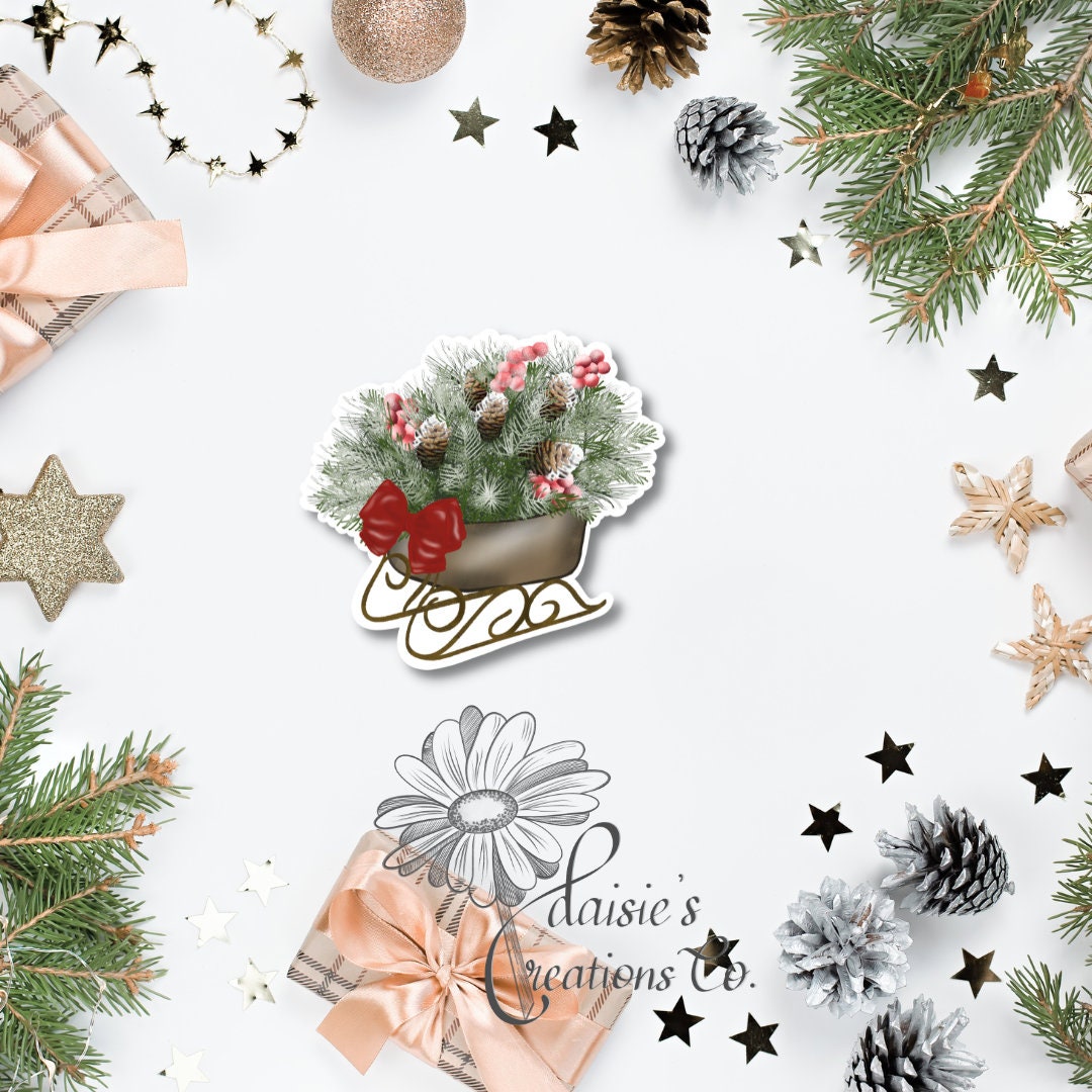 Christmas Floral Sleigh Vinyl Sticker | Winter Holiday Decal — photo 3