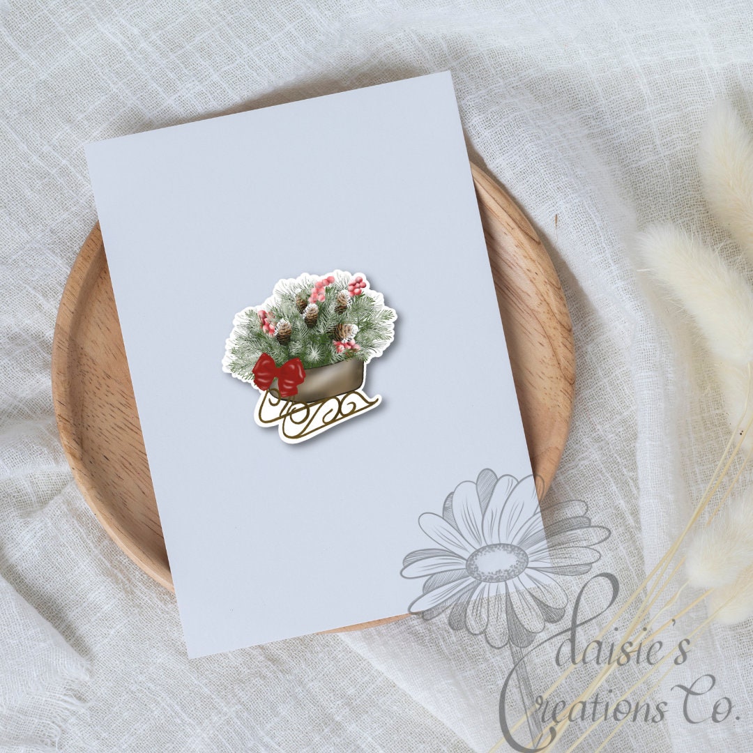 Christmas Floral Sleigh Vinyl Sticker | Winter Holiday Decal — photo 2