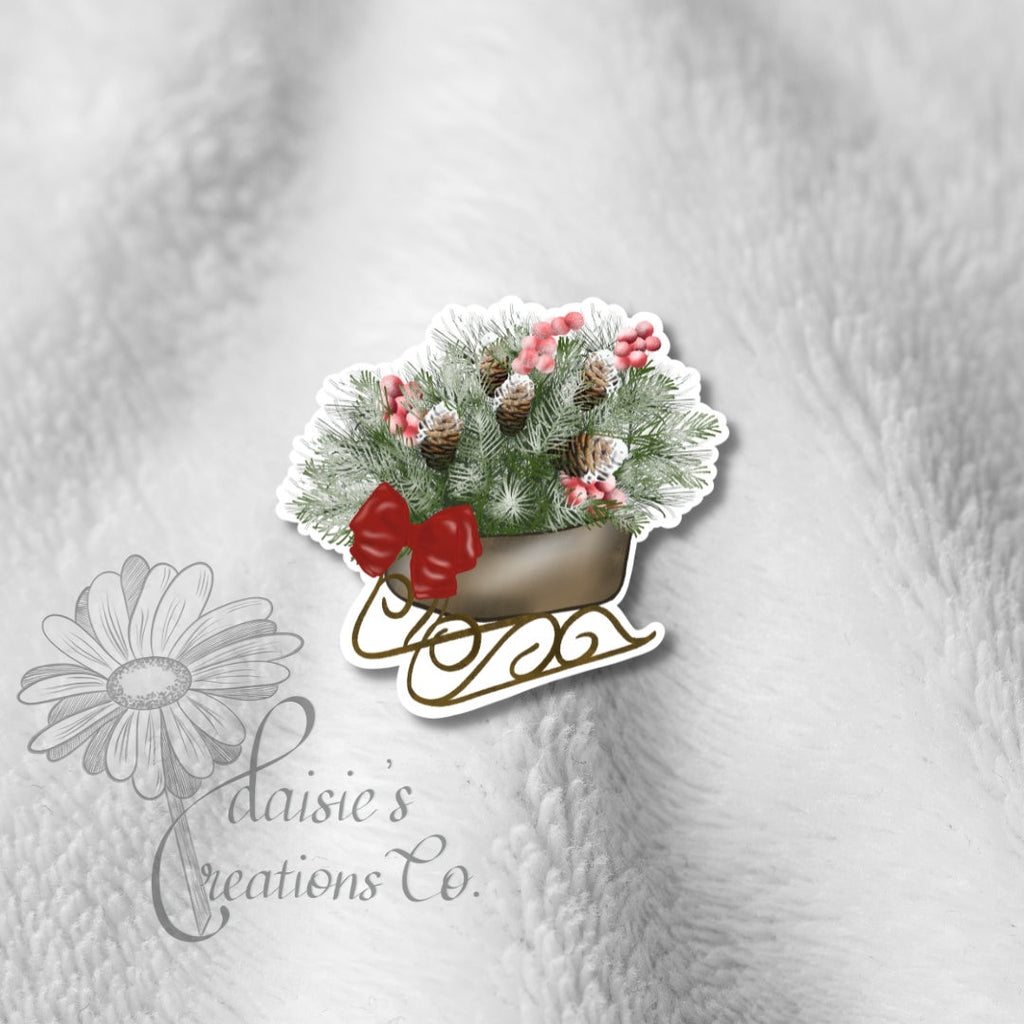 Christmas Floral Sleigh Vinyl Sticker | Winter Holiday Decal — photo 1