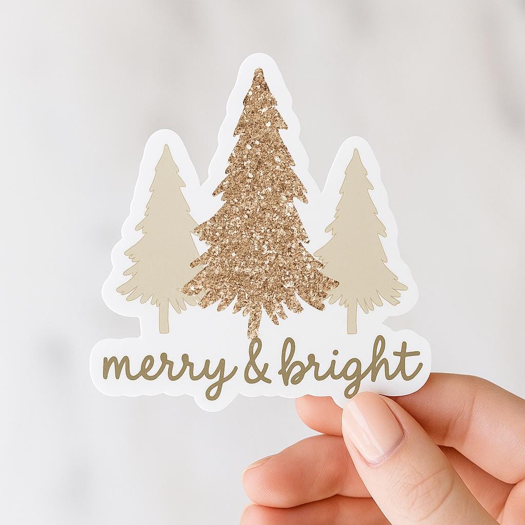 Merry & Bright Christmas Tree Sticker: Rose Gold Glitter Holiday Decor — photo 2