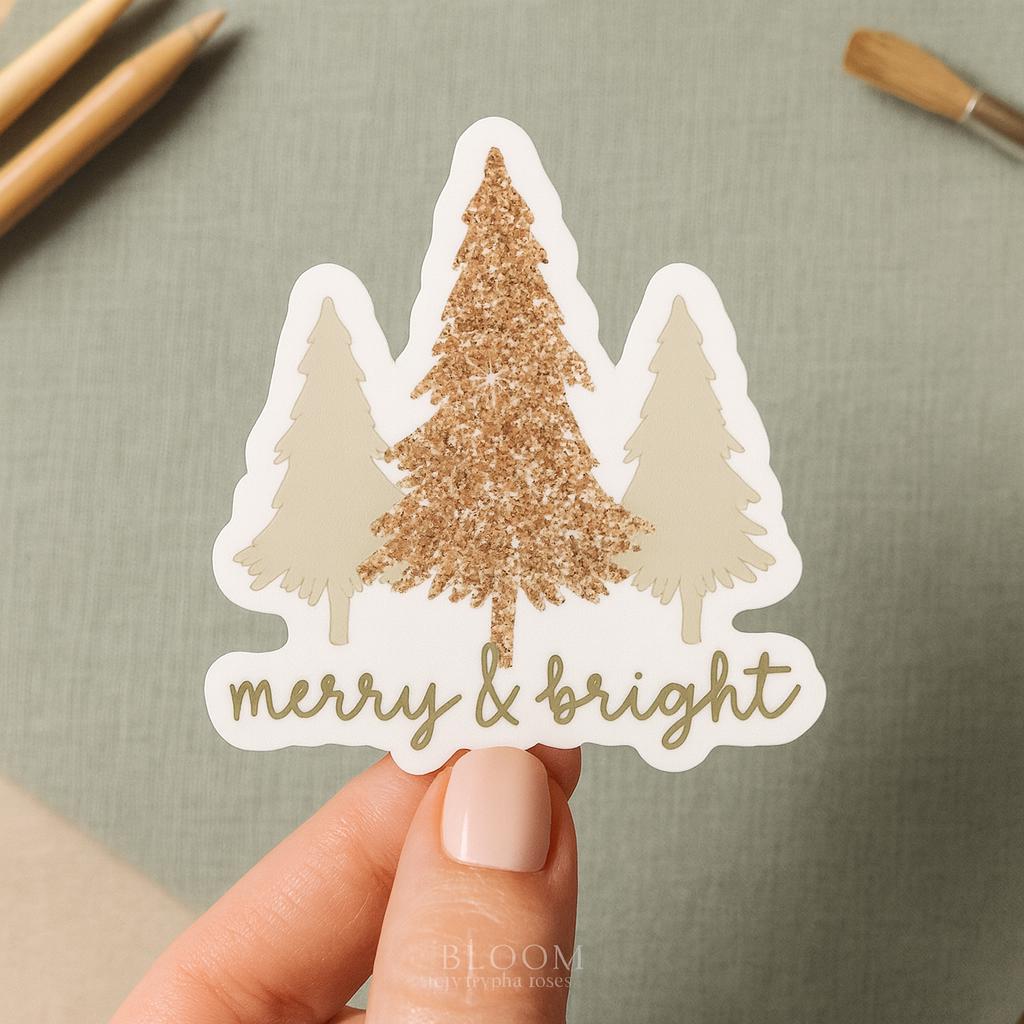 Merry & Bright Christmas Tree Sticker: Rose Gold Glitter Holiday Decor — photo 3