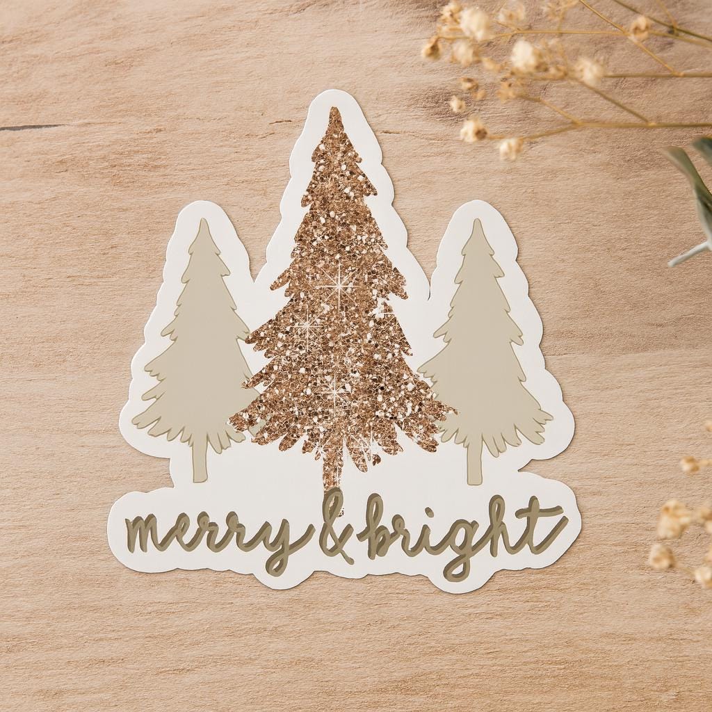 Merry & Bright Christmas Tree Sticker: Rose Gold Glitter Holiday Decor — photo 1