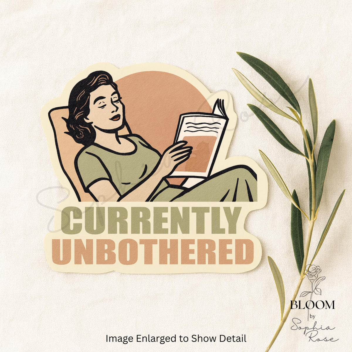 Currently Unbothered Vinyl Sticker – Retro Reading Woman, Waterproof — photo 2