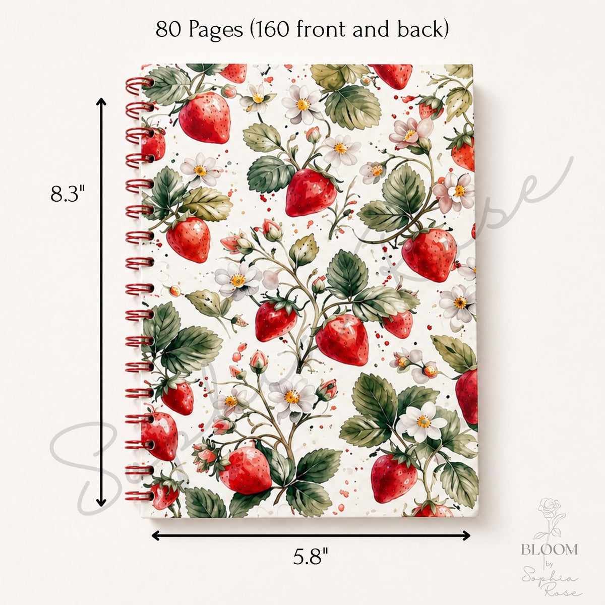 Strawberry Floral Spiral Notebook, Cottagecore Journal, Lined Stationery — photo 1