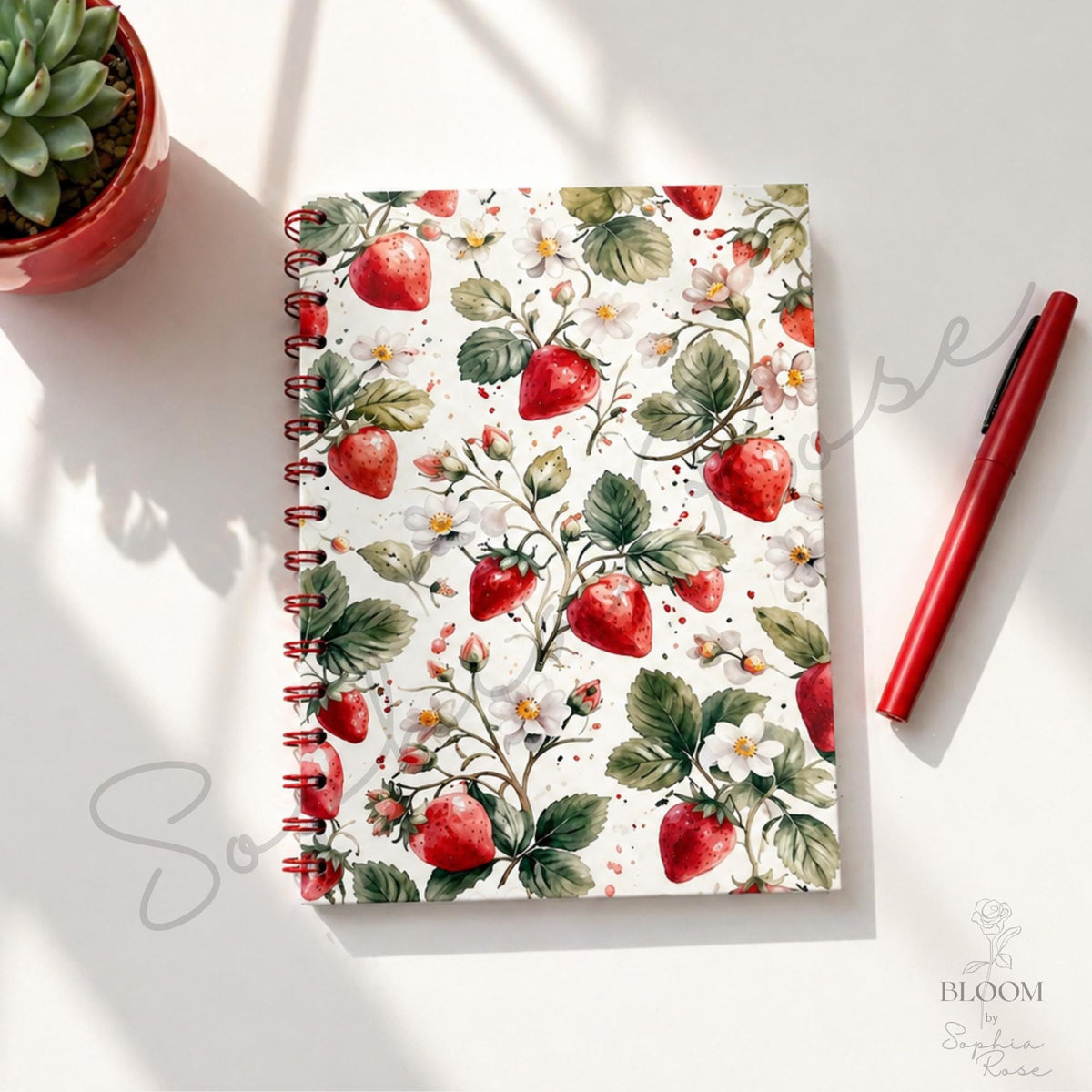 Strawberry Floral Spiral Notebook, Cottagecore Journal, Lined Stationery — photo 2