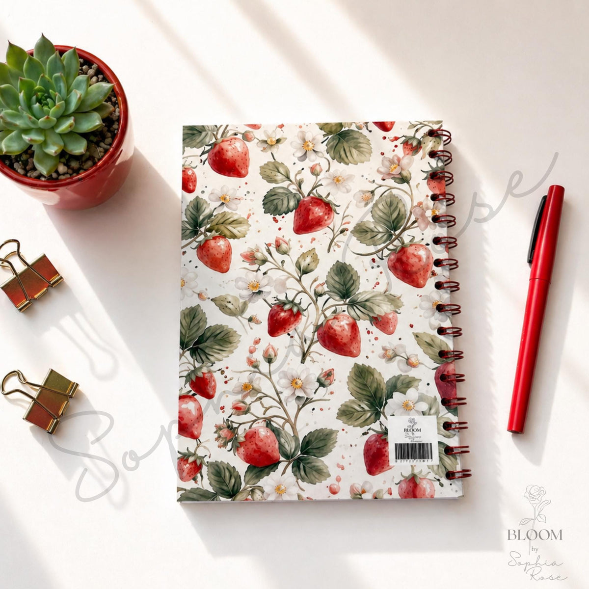 Strawberry Floral Spiral Notebook, Cottagecore Journal, Lined Stationery — photo 4