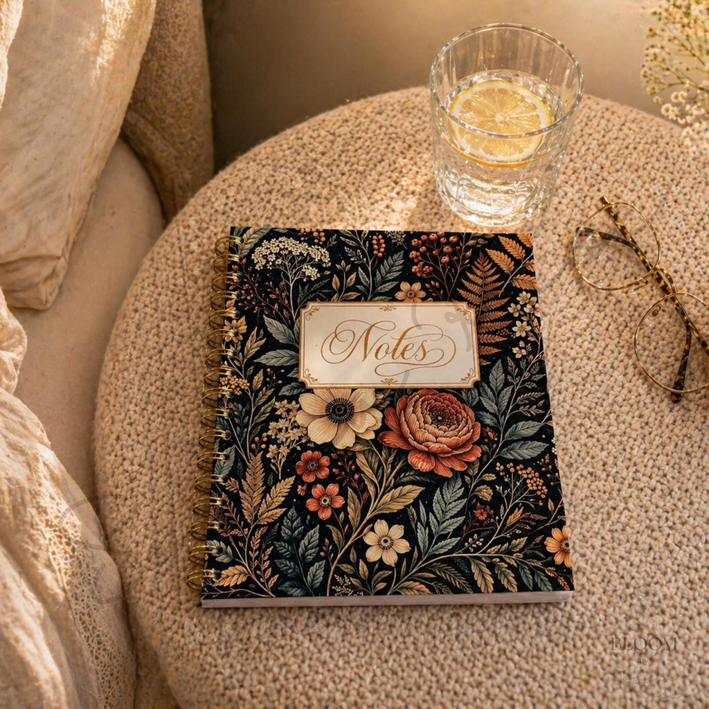 Dark Floral Spiral Notebook with Dividers, Vintage Botanical Journal, 160 Lined Sheets — photo 1