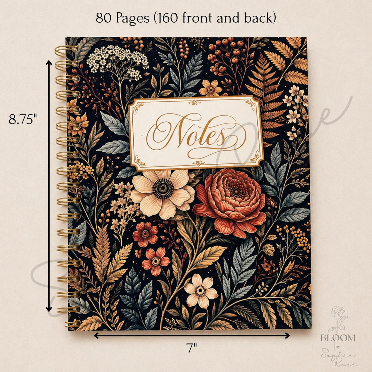 Dark Floral Spiral Notebook with Dividers, Vintage Botanical Journal, 160 Lined Sheets — photo 4