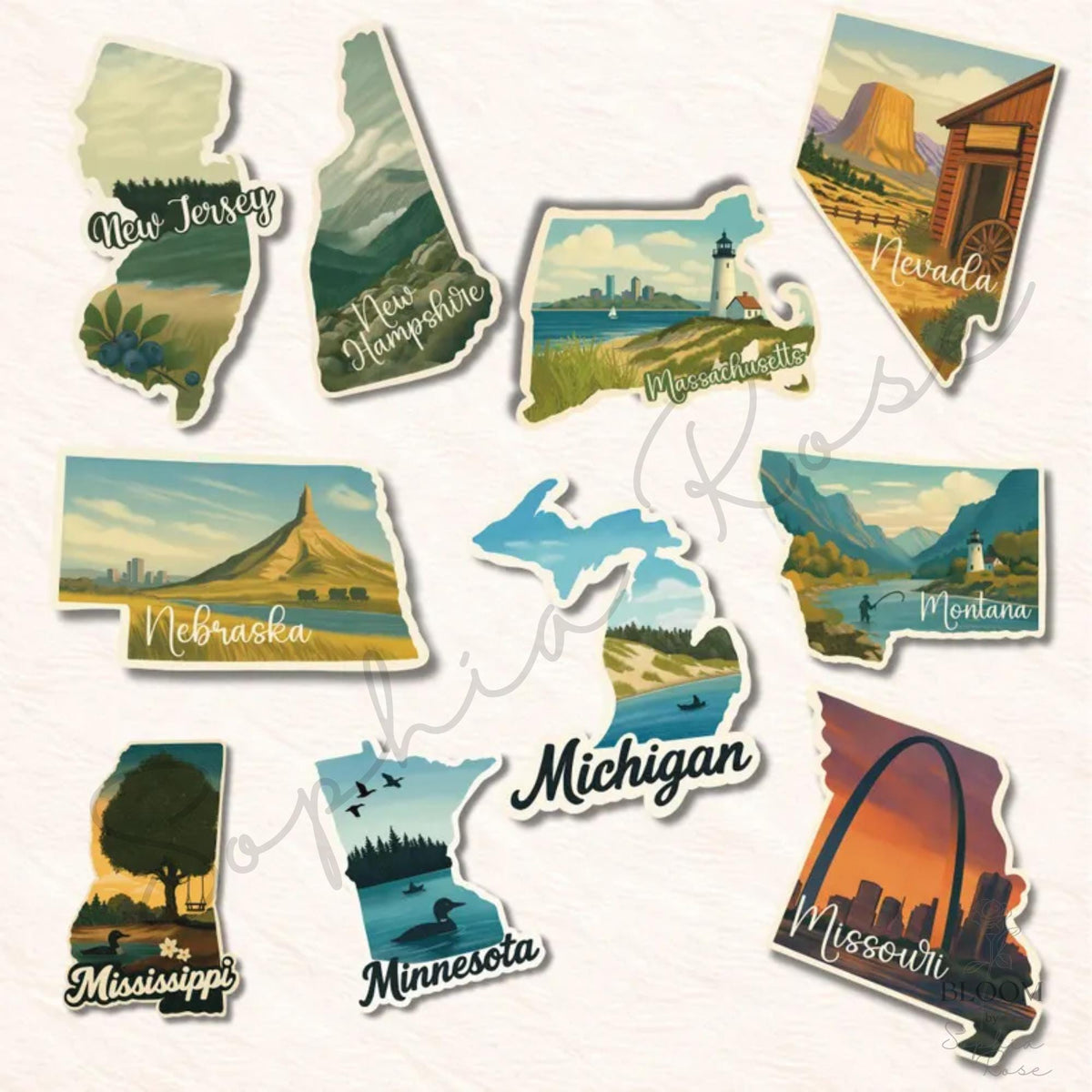 US State Stickers, Vintage Travel Decals, Scenic Matte Vinyl — photo 2
