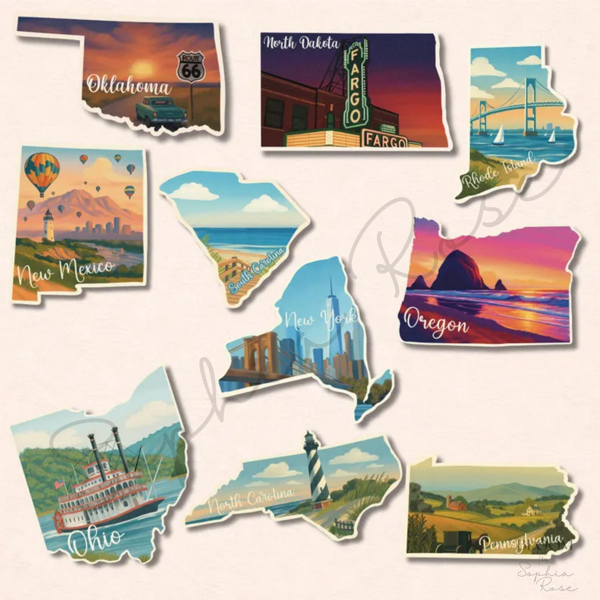 US State Stickers, Vintage Travel Decals, Scenic Matte Vinyl — photo 3