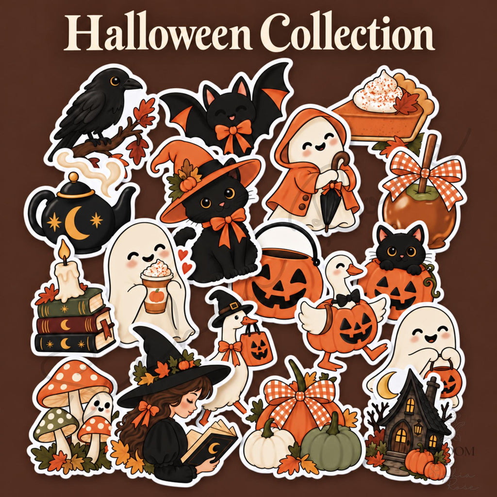 Halloween Sticker Set of 18, Cute Ghosts, Black Cats & Pumpkins, Cozy Fall Sticker Bundle, 3, 4 or 5 Inch — photo 1