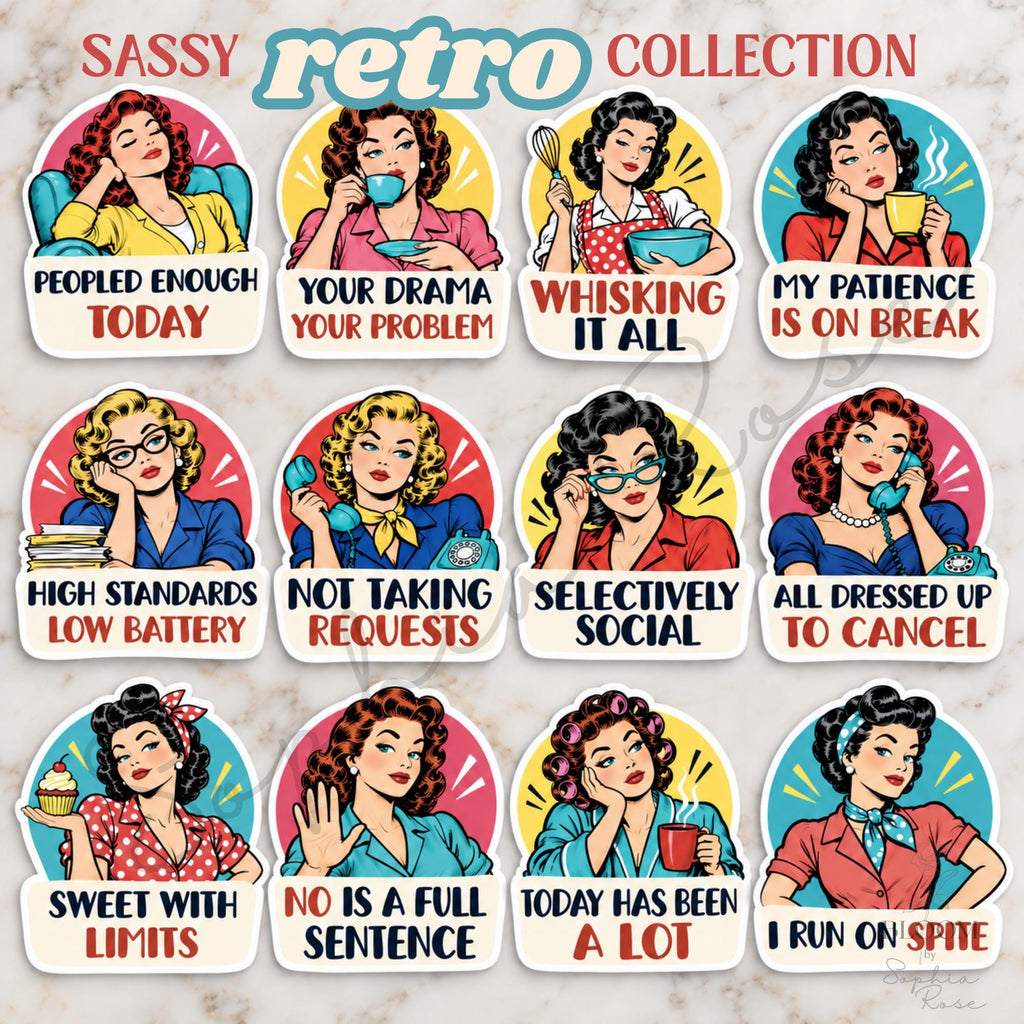 Sarcastic Retro Women Stickers, 12 Designs, 3–5 Inch, Singles or Full Set — photo 1